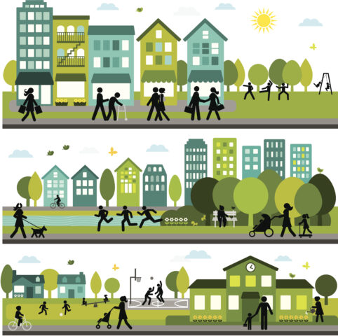 Trois dessins horizontaux représentant un pâté de maisons, un parc et une école avec des citoyens actifs