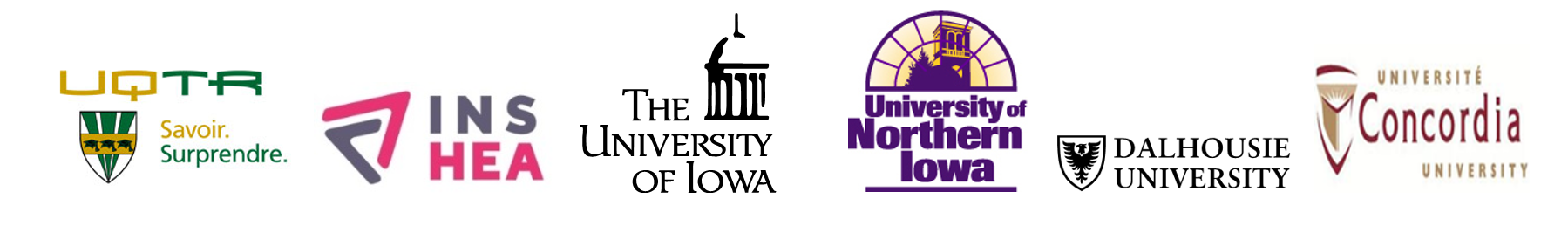 Images représentans les logos de UQTR, INSHEA, The University of IOWA, University of Northen IOWA, Dalhousie University, et de l'Université de Concordia