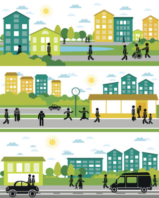 Représentation graphique d'une ville et ses habitants en déplacement en voiture, à pied, en fauteuil roulant