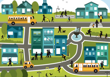Représentation graphique d'une ville active avec des personnes de tous les âges se déplaçant à pied, à vélo, en bus, jouant au parc ou lisant le journal sur un banc