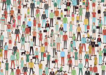 Représentation graphique d'une foule colorée, composée de personnes de différents âges. Certaines sont debout, en fauteuil roulant, portant des lunettes, avec un chien en laisse, parlant au téléphone.