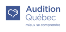 Logo de Audition Quebec comportant à gauche dans un carré bleu, un coeur. Sous le texte Audition Quebec ecrit sur deux ligne se trouve la phrase Mieux se comprendre