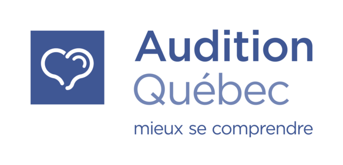 Logo de Audition Quebec comportant à gauche dans un carré bleu, un coeur. Sous le texte Audition Quebec ecrit sur deux ligne se trouve la phrase Mieux se comprendre