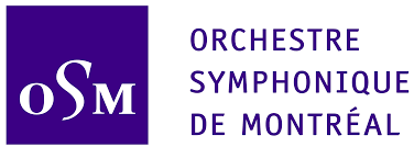 logo de l'orchestre symphonique de Montreal. Sur fond violet à gauche les initiales OSM en écruture blanche et à droite, le texte écrit en lettres violettes