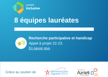 texte blanc sur fond bleu annoncant : 8 équipes lauréates de l'appel à projet de Société Inclusive