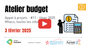 Titre : Atelier budget Sous-titre : Appel à projets #11 Hiver 2025. Mitacs, toutes les informations. 3 février 2025 Visuel représentant une personne qui regarde un budget avec une calculatrice et un signe de dollars.