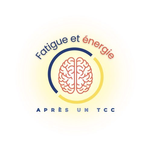 Logo « Fatigue et énergie après un TCC » avec un cerveau stylisé entouré de cercles bleu et jaune.